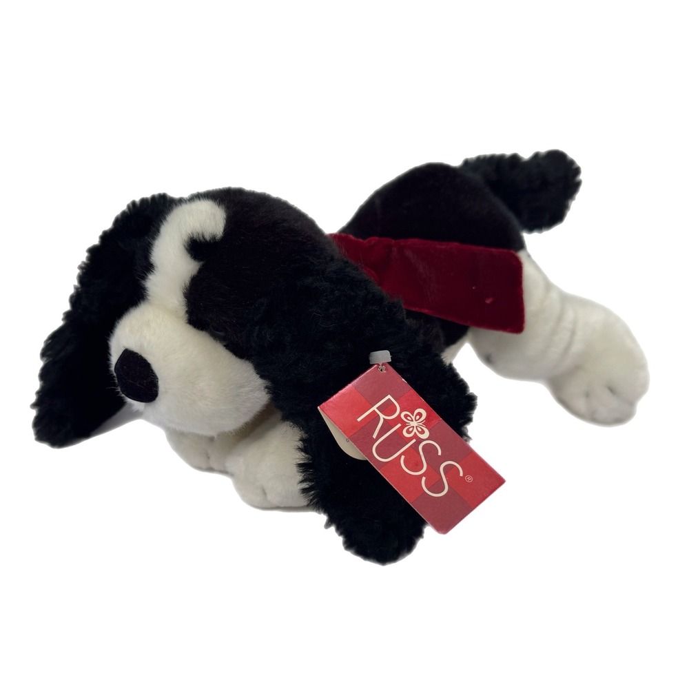 Russ Berrie Huntly Springer Spaniel Plush Dog Black White Spotted Red Bow 39712